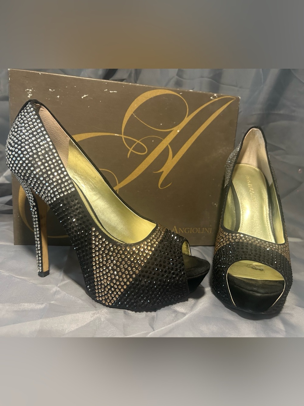 Enzo Angiolini Black Crystal Peep-Toe Stiletto Heels size 9